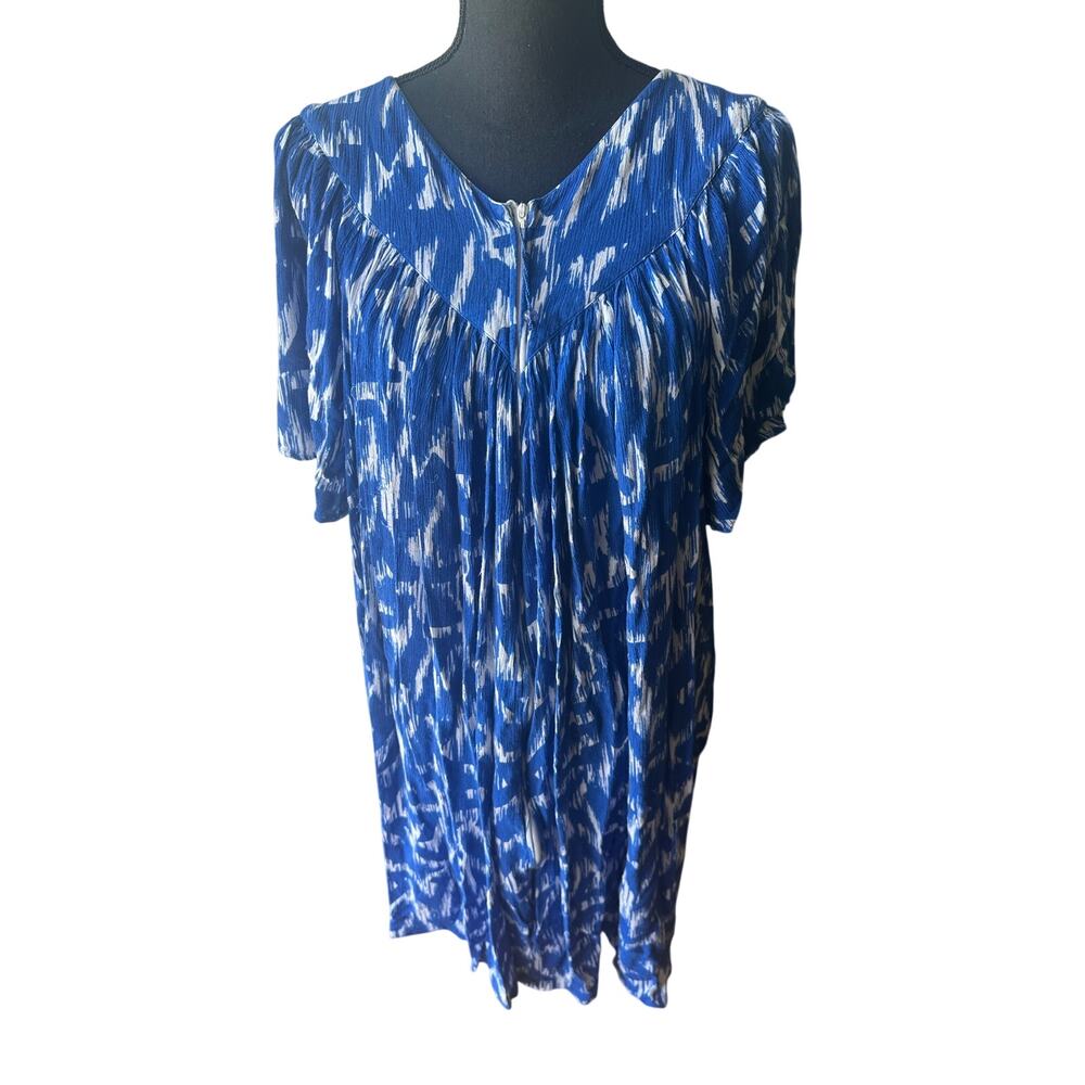 So Softly Blue White Ikat Patio Dress V-Neck Zipper Caftan M Boho Chic